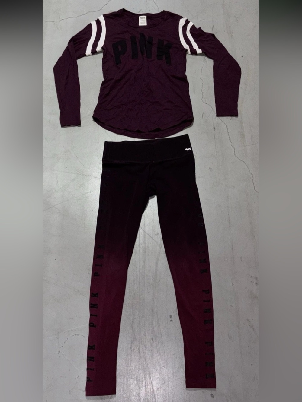 Pink Victoria’s Secret 2Pc Set SZ.XS Leggings & L/S Tee Shirt Ombré Spell Out